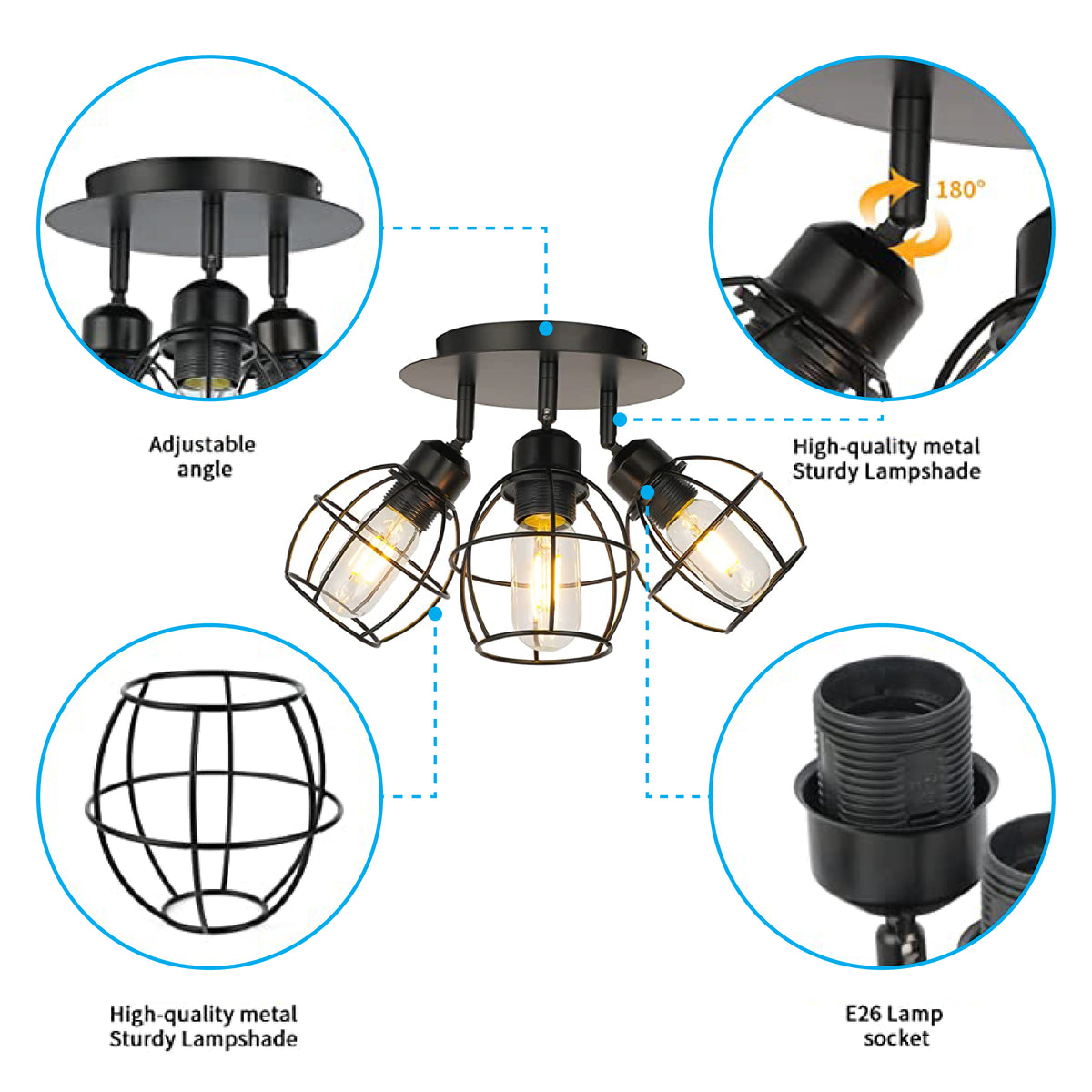 3Light rustic ceiling light Black industrial flush mount ceiling ligh