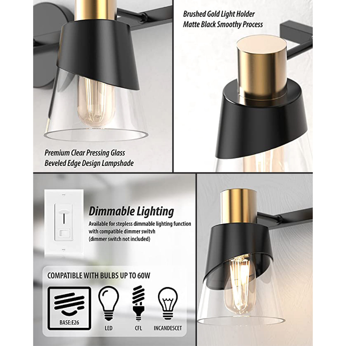 3 Lights brass bathroom light fixtures Gold wall mirror with lights Me