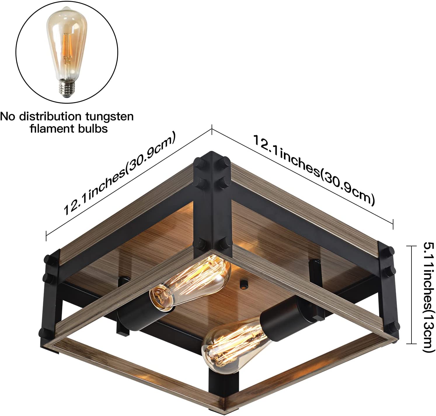 2 light flush mount ceiling light fixture farmhouse rust black and wood ceiling lamp
