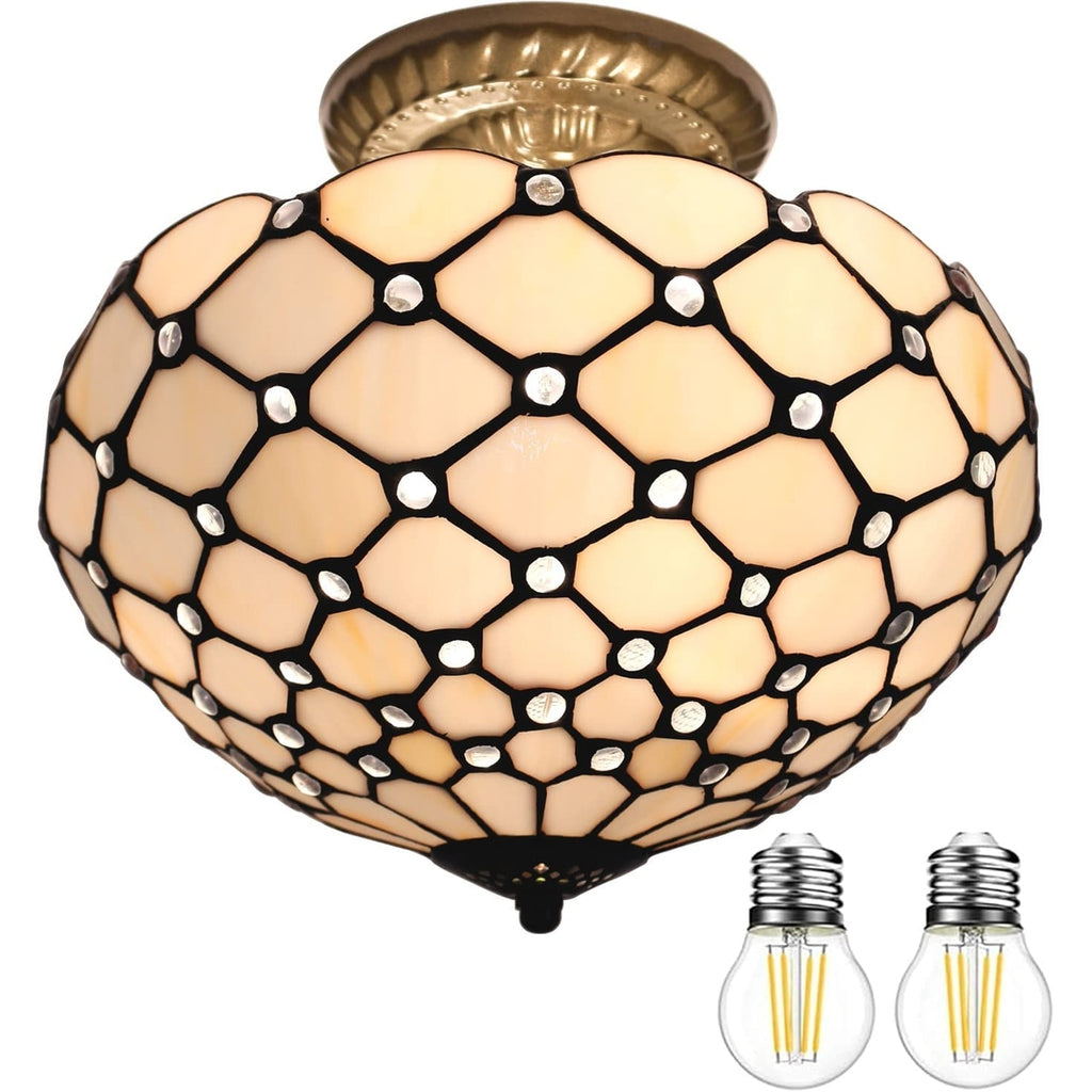 12 inch semi flush mount ceiling lamp tiffany ceiling light fixture cream amber stained glass beads lighting