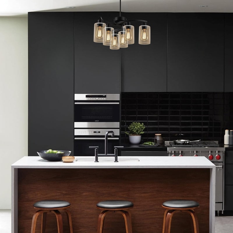 6-light dining light fixtures black pendant light glass, metal island lights