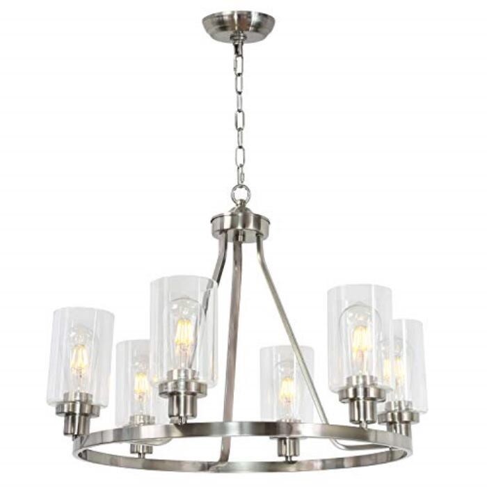 6 light island glass round chandelier with rubbed nickel finish