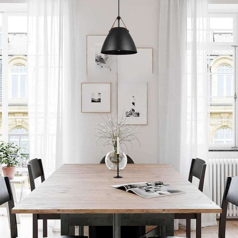 Adjustable height hanging lights matte black island lights leather strap,metal pendant light