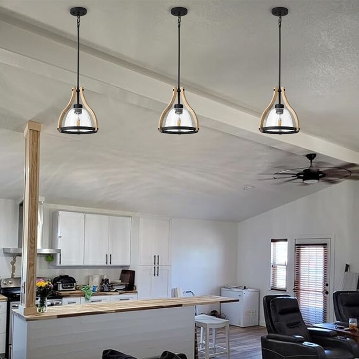 Adjustable kitchen island lights oak hanging light wood, glass, metal pendant Light