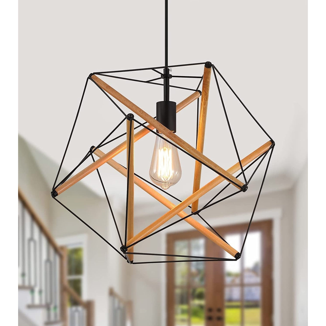 Black geometric art deco hanging pendant light wood industrial cage chandelier fixture