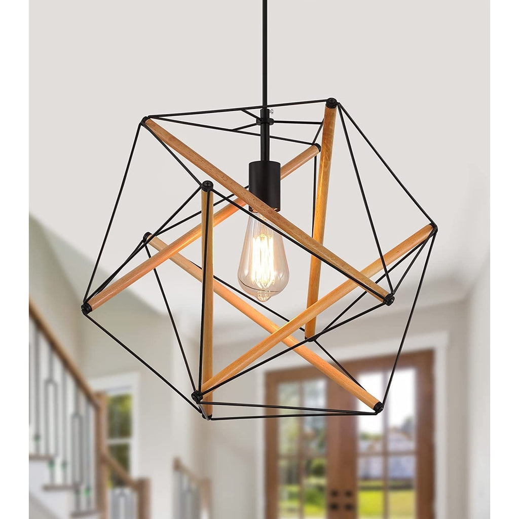 Black geometric art deco hanging pendant light wood industrial cage chandelier fixture