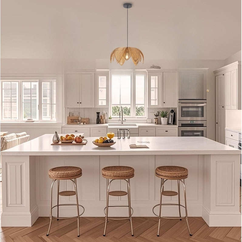 Boho hanging light woven rattan dining lights metal pendant light