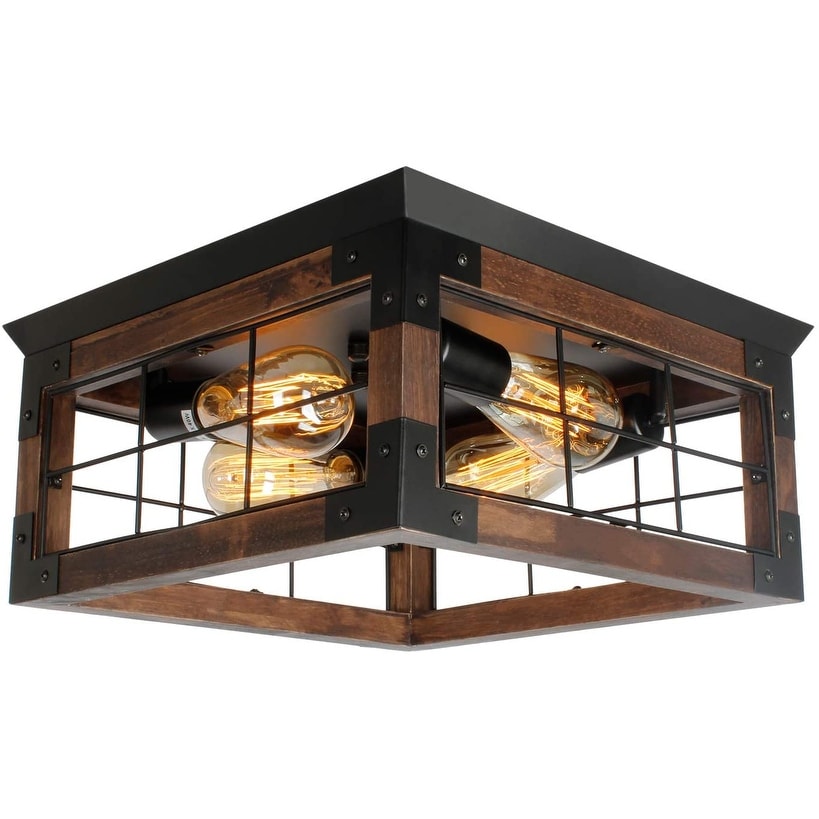 Farmhouse vintage ceiling lamp wood black flush mount light