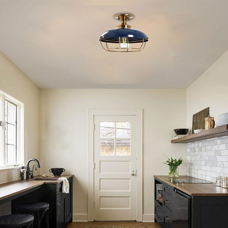 Industrial ceiling lighting brass and navy blue mount flush light , metal dining light