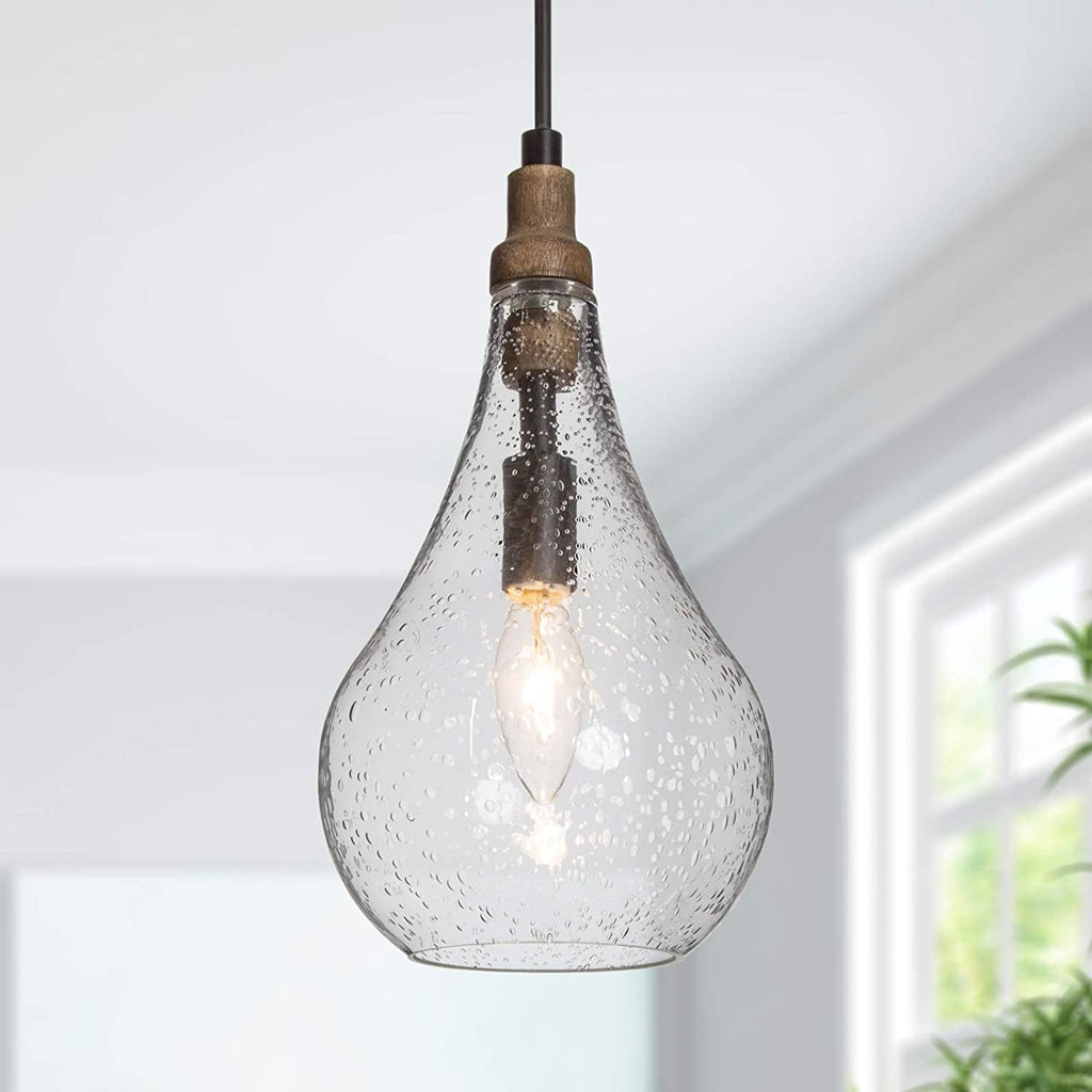 Seeded glass pendant light fixture adjustable wood pendant lamp