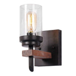 Vintage industrial seeded glass & wood wall sconce