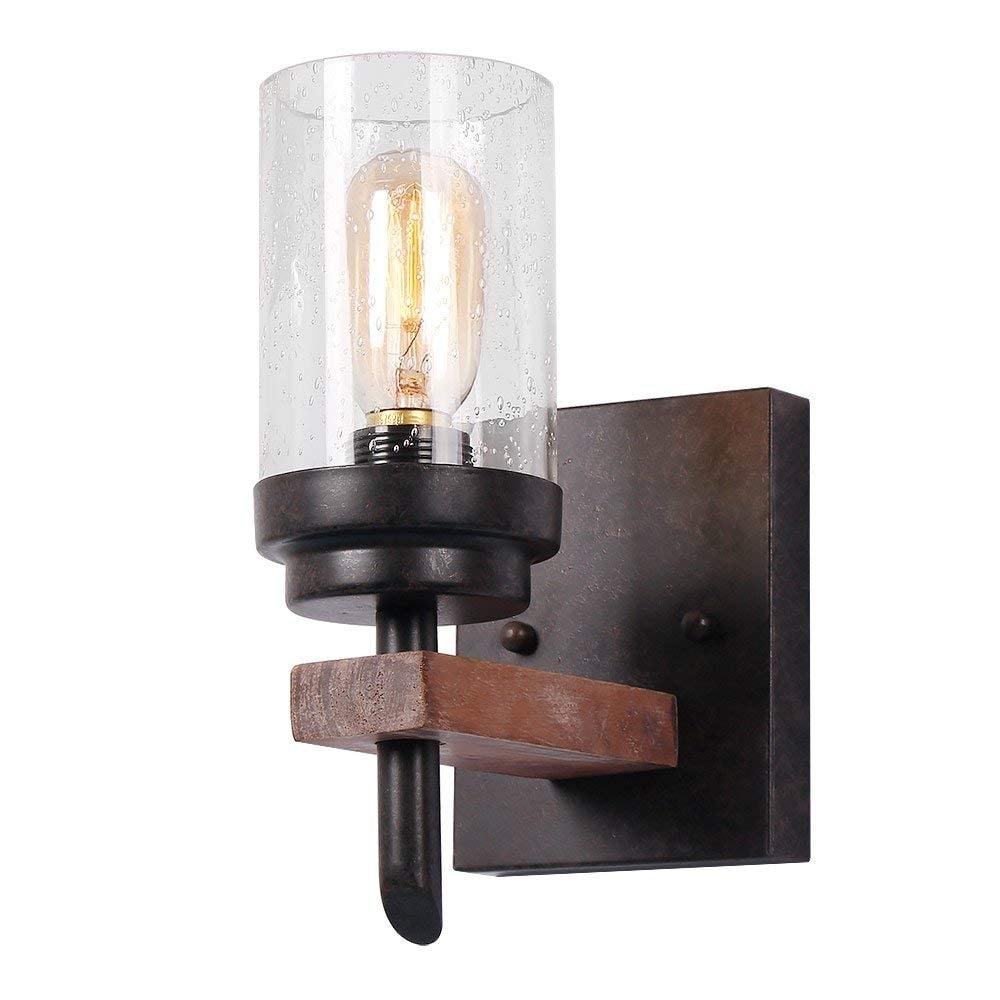 Loft industrial wall light fixture seeded glass vintage wooden wall sconce