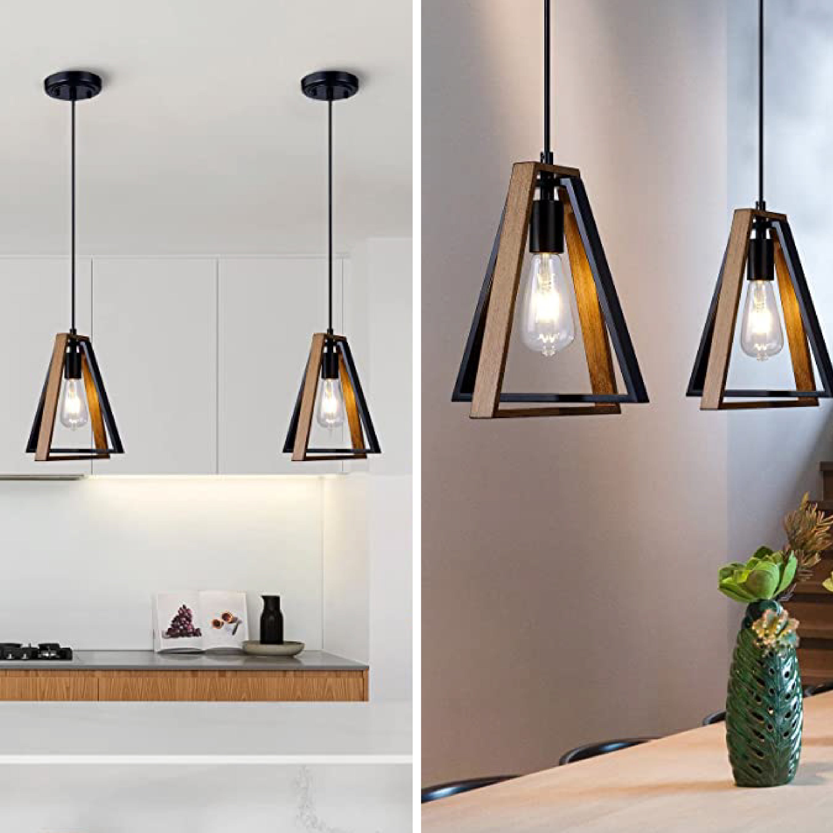 Black & Wood pendant light Adjustable Kitchen Island light Metal Steel Hanging Light Fixture