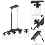 5-Light dining room light matte black pendant light wood, glass, metal chandelier light