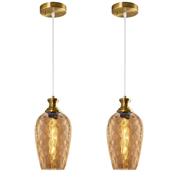 2 Pack light fixture gold and amber hanging lights glass, metal pendant lights