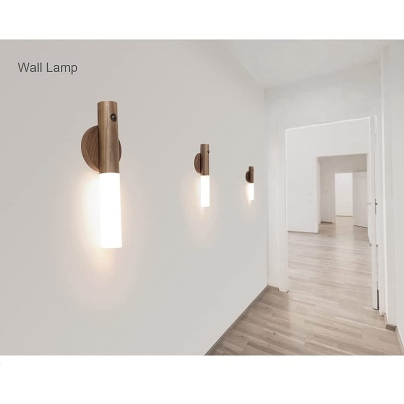 2 pack motion sensor night wall light fixture rechargeable LED lamp wooden wall sconce