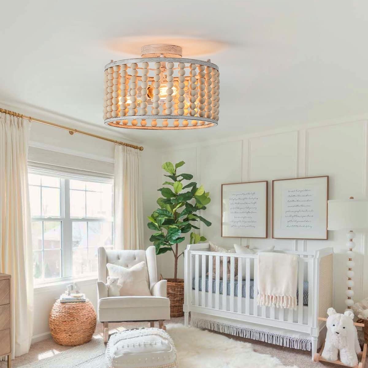 3 light wood beads semi flush mount ceiling light boho ceiling lightin ...