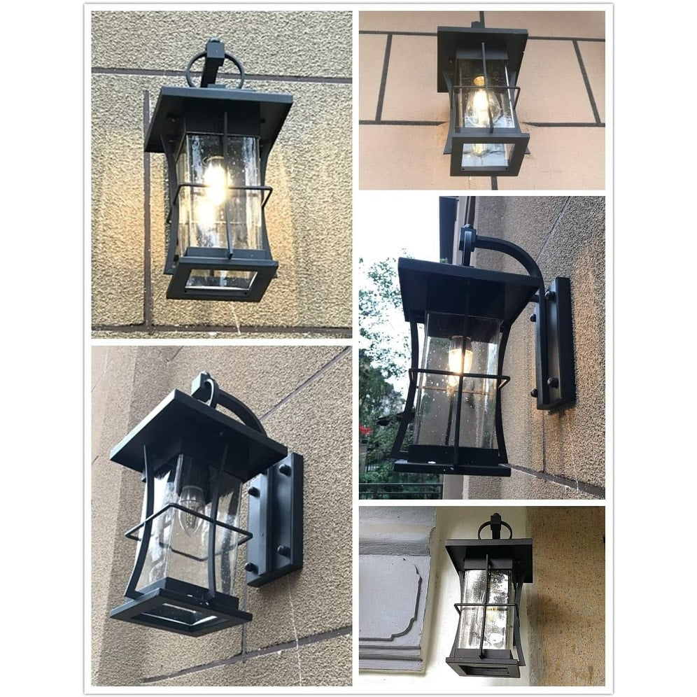 Black exterior wall fixtures with seeded glass shade