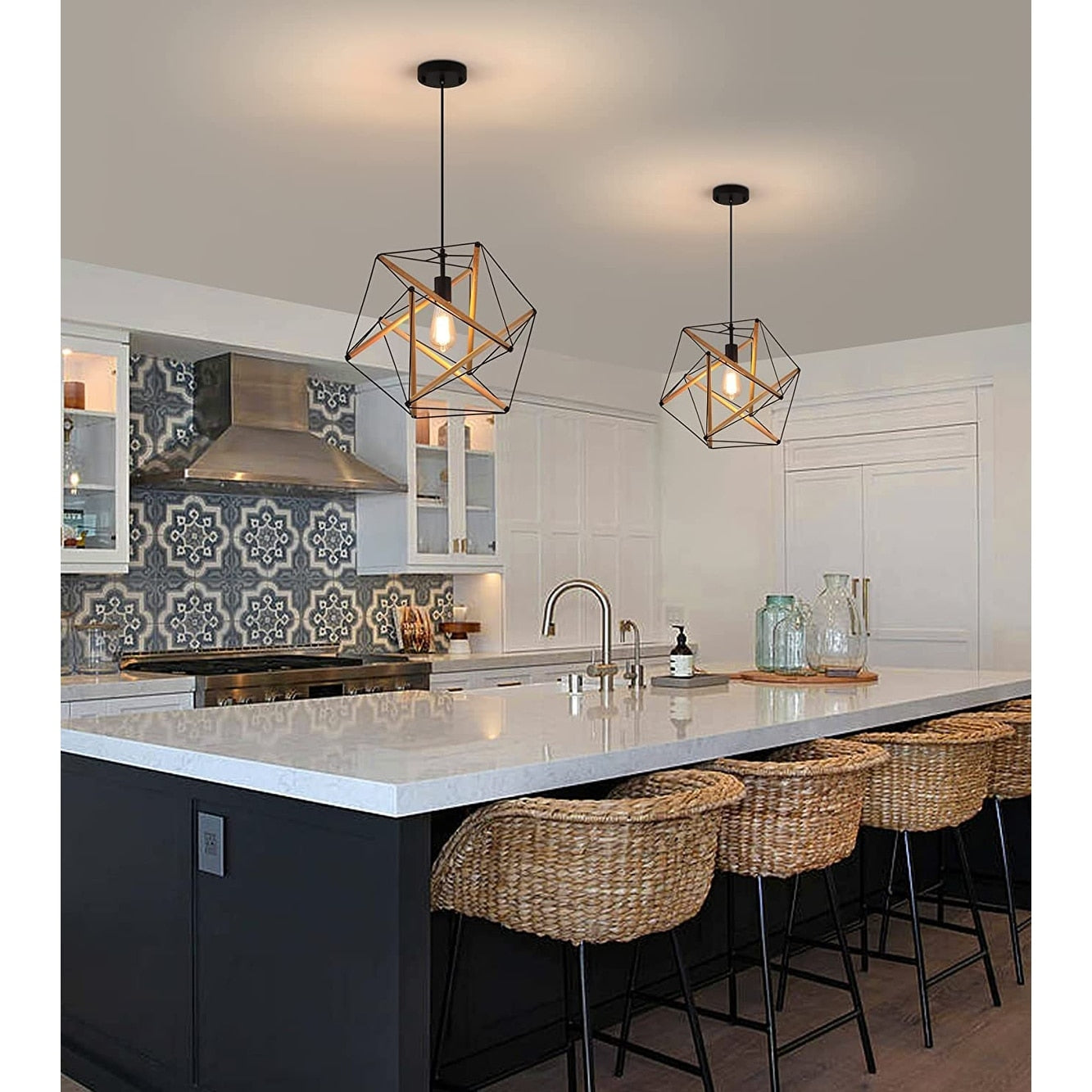 Black geometric art deco hanging pendant light wood industrial cage chandelier fixture