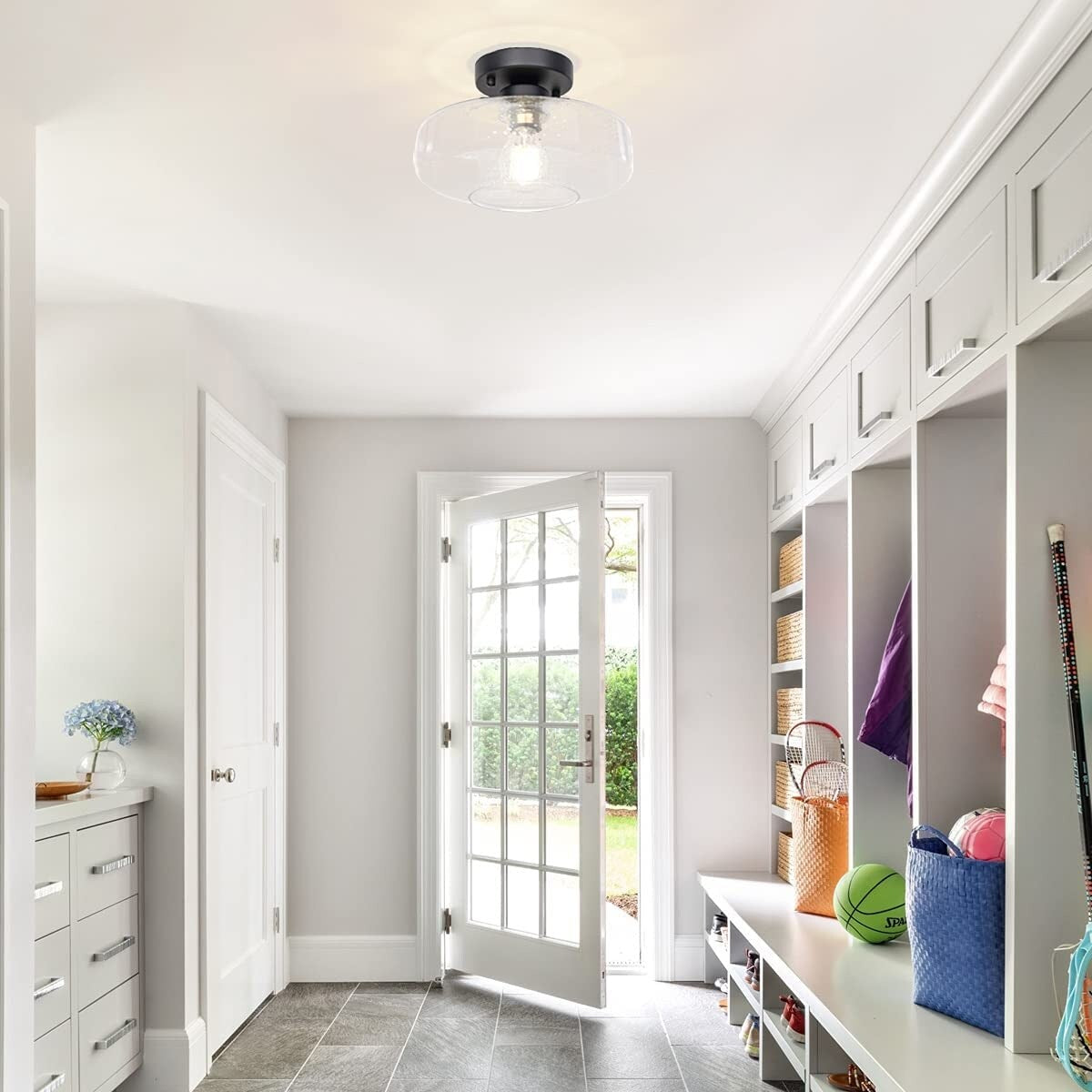 Farmhouse Semi Flush Mount Close to Ceiling Lights industrial black ceiling lighting fixture with glass shade