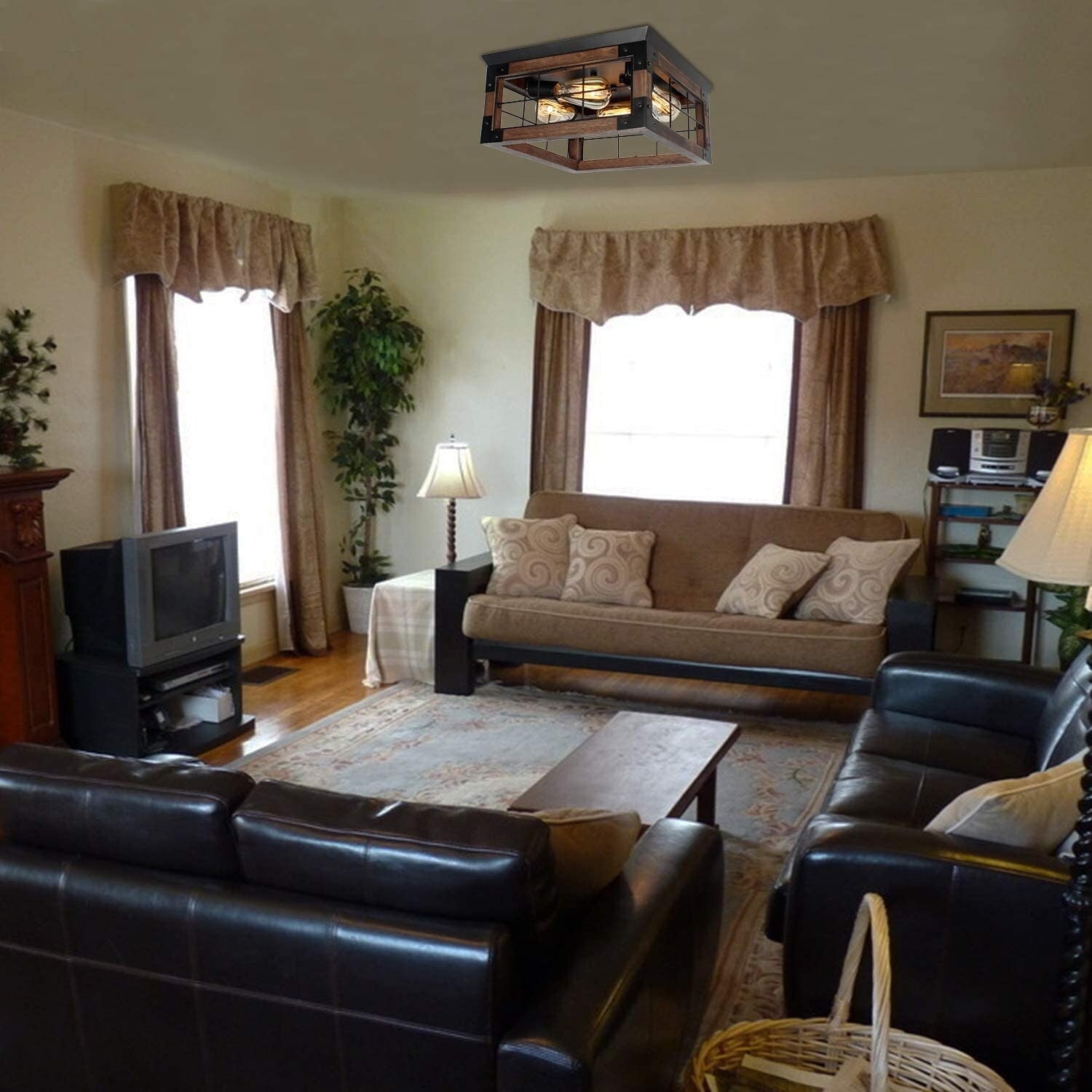 Farmhouse vintage ceiling lamp wood black flush mount light