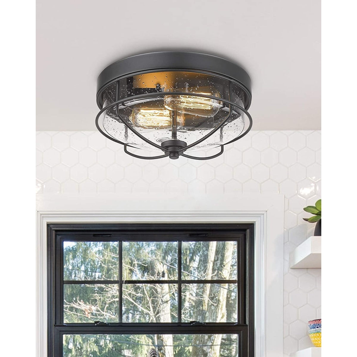 Industrial light fixtures ceiling 2 light glass flush mount