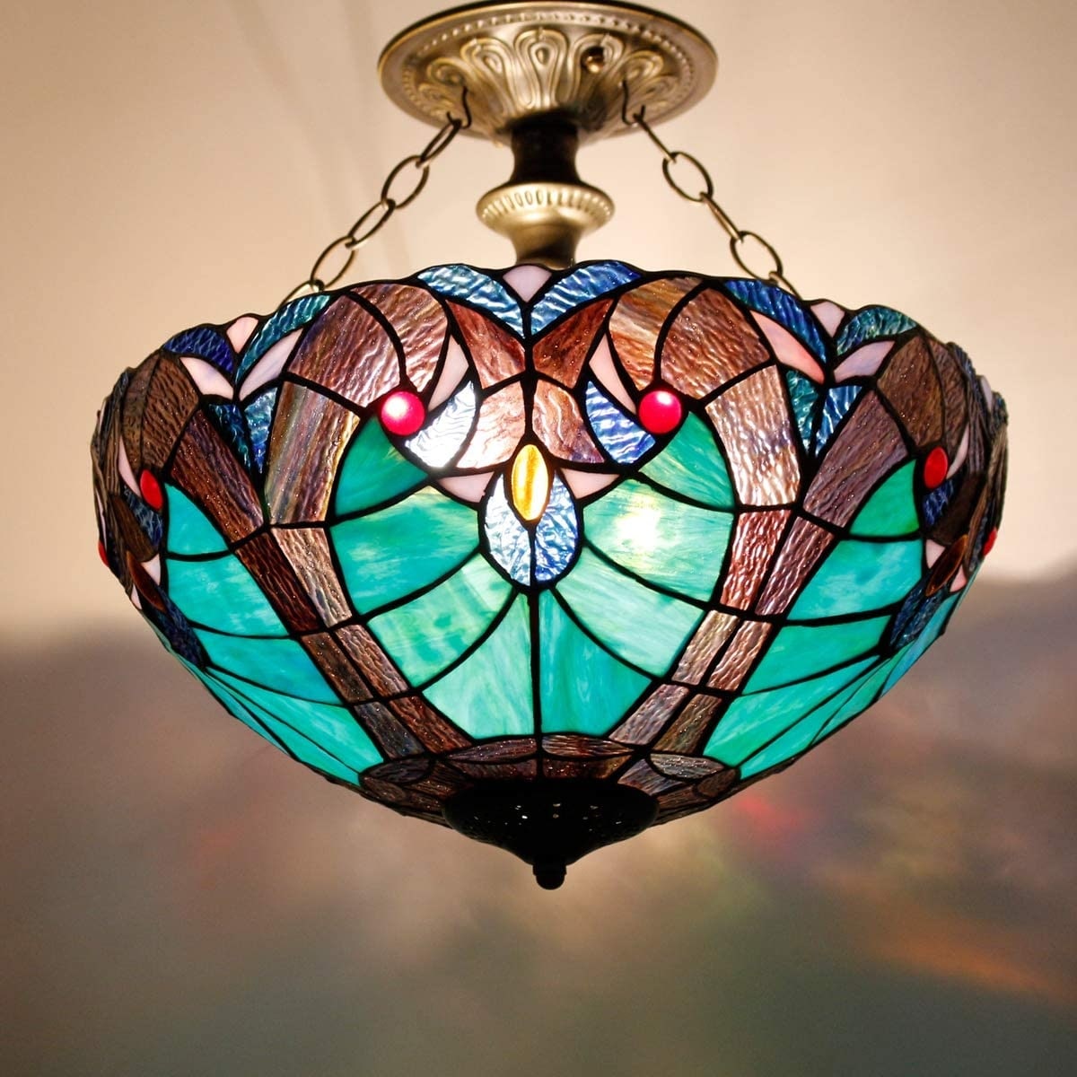 Industrial tiffany ceiling light fixture multi color semi flush mount lamp
