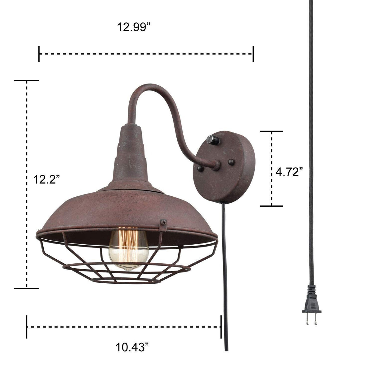 Rustic wire cage gooseneck wall sconce, vintge industrial plug in wall ...