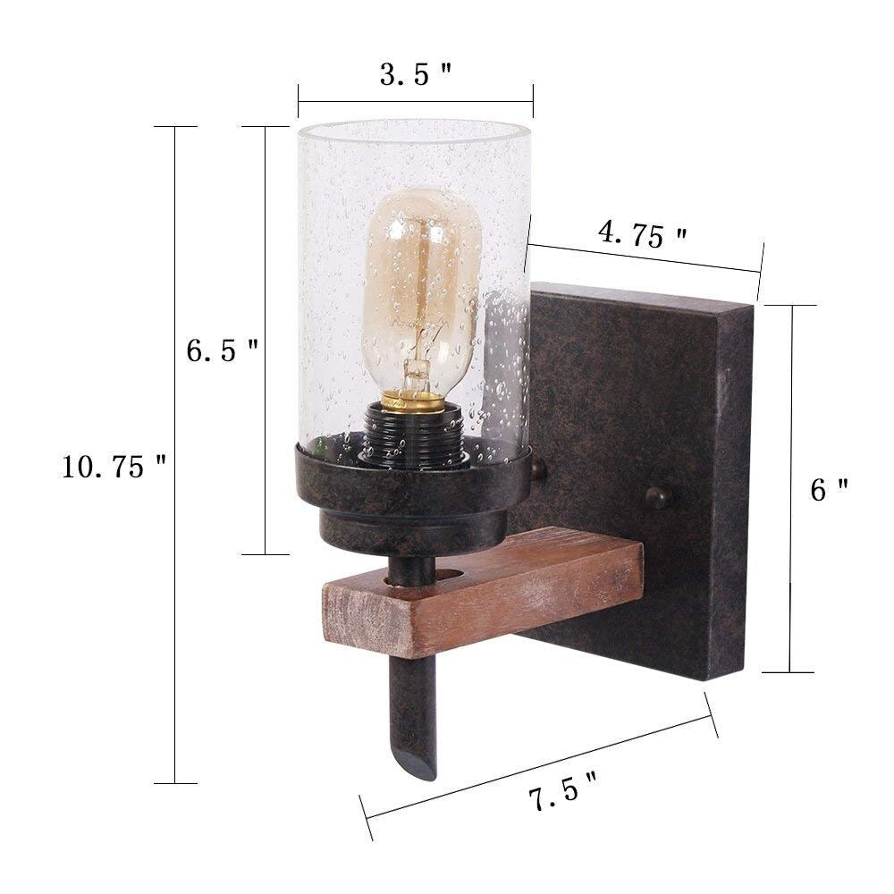 Loft industrial wall light fixture seeded glass vintage wooden wall sconce
