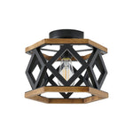 1-Light ceiling fixtures wood rustic semi flush mount metal cage black light bulb