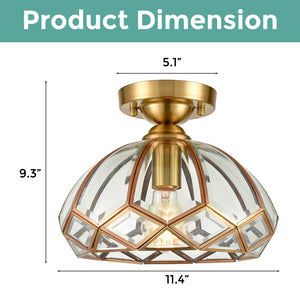 1-Light dimmabl hallway light gold and clear semi flush lamp steel and glass ceiling light