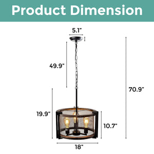 3-Light farmhouse round kitchen light black pendant light iron and wood hanging lighting