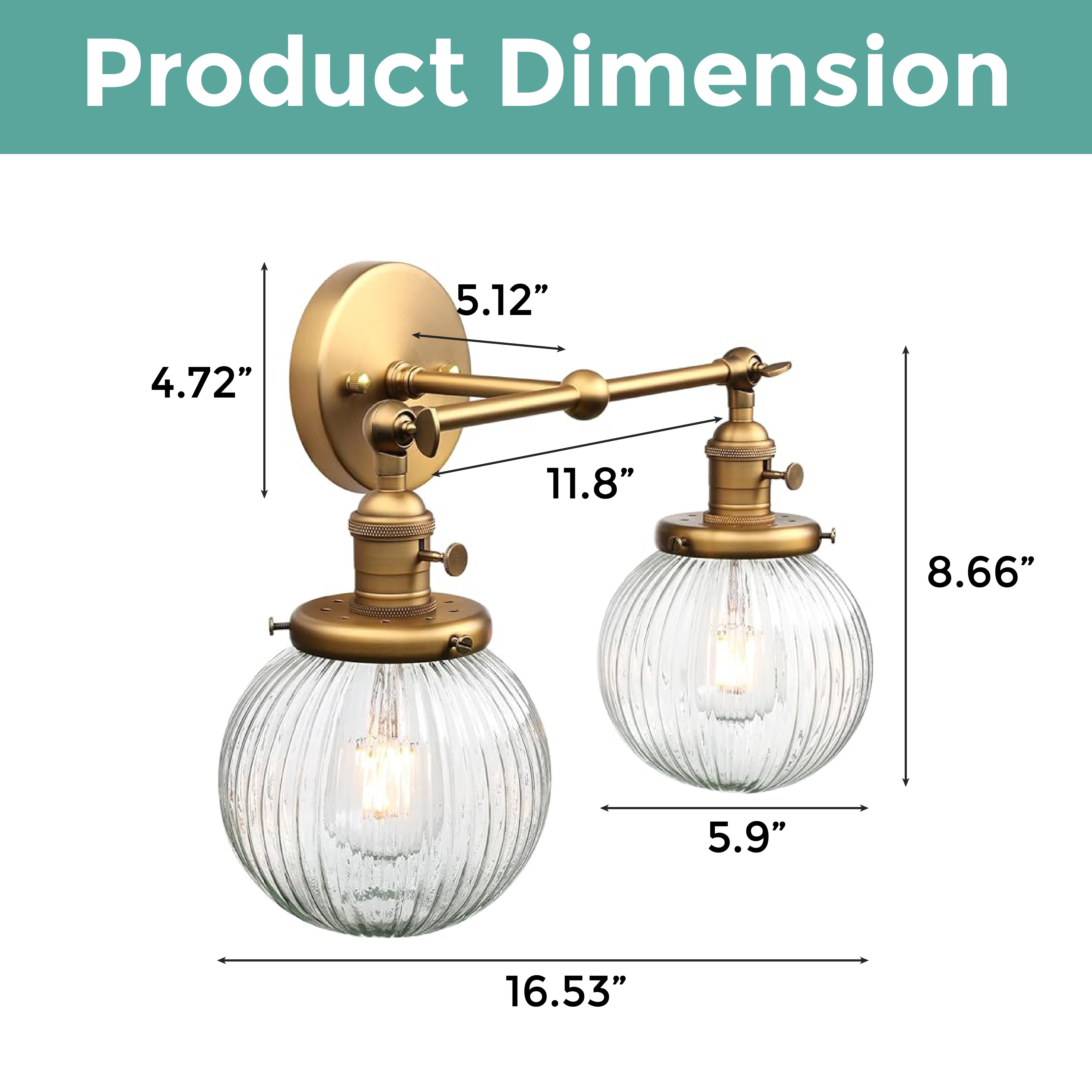 2 Lights industrial sconce light gold and clear wall light brass and glass fixture light