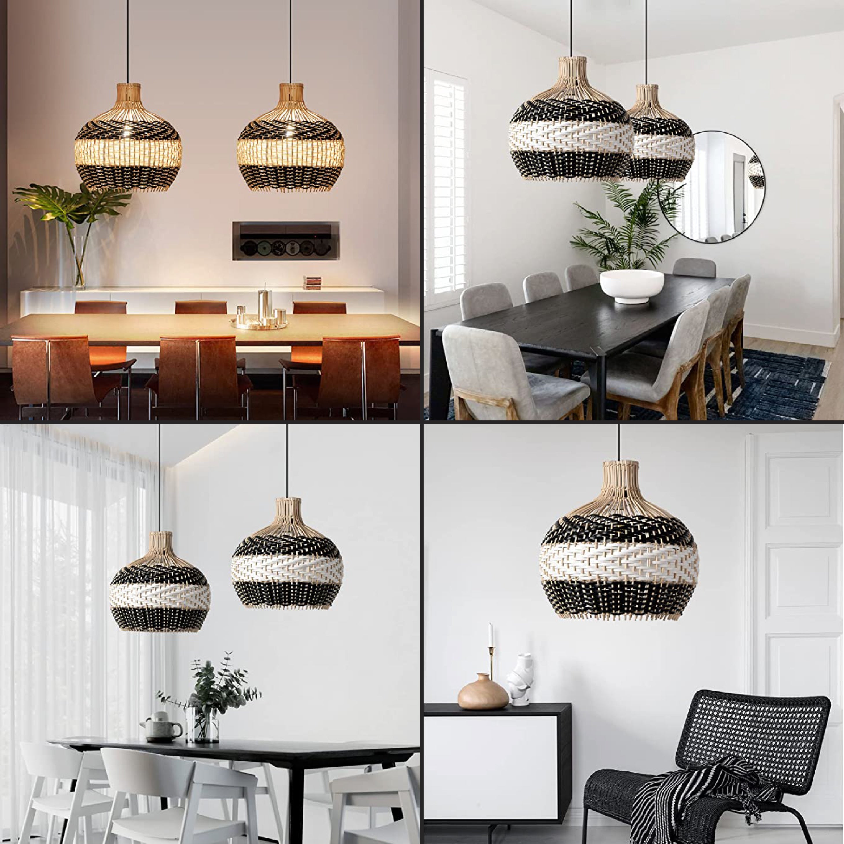 Farmhouse bamboo pendant light 1 Light woven light fixture Black White rattan hanging light