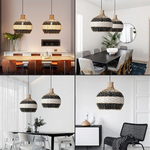 Farmhouse bamboo pendant light 1 Light woven light fixture Black White rattan hanging light