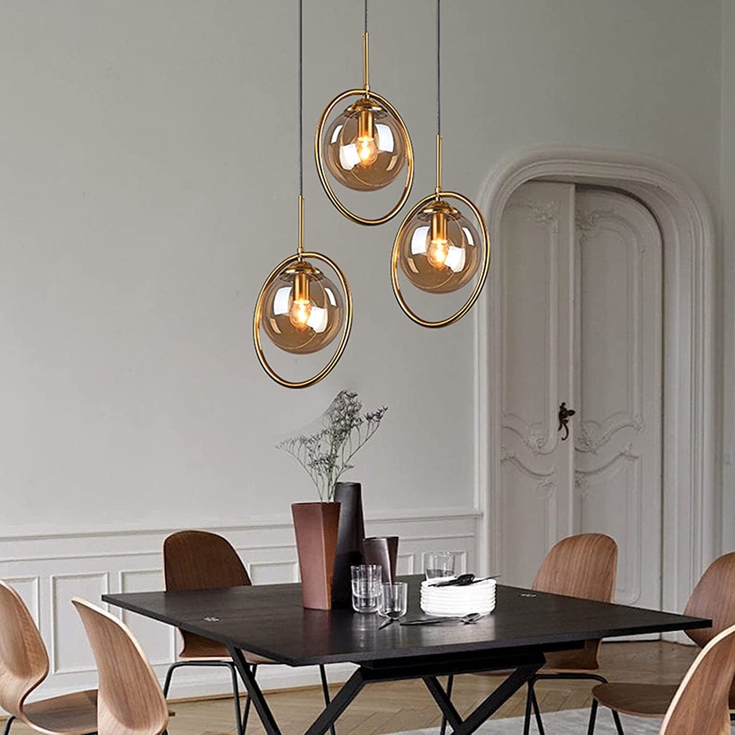 3 light industrial pendant light metal ring chandelier globe glass hanging lamp