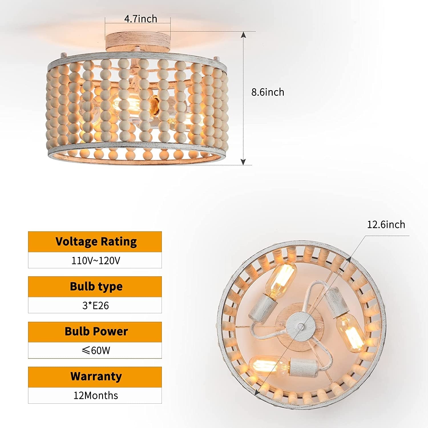 3 light wood beads semi flush mount ceiling light boho ceiling lighting fixture