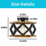 1-Light ceiling fixtures wood rustic semi flush mount metal cage black light bulb