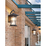 Black exterior wall fixtures with seeded glass shade
