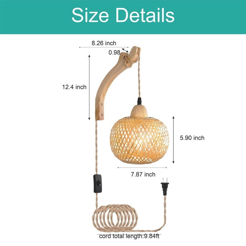 Plug in sconce light orange wall light rope, wood,bamboo,metal, diningroom light