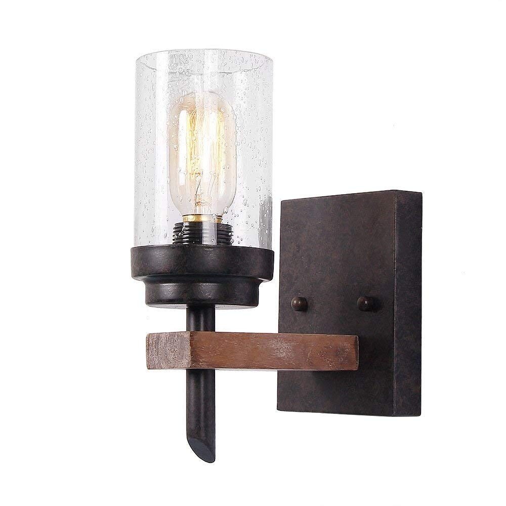 Vintage industrial seeded glass & wood wall sconce