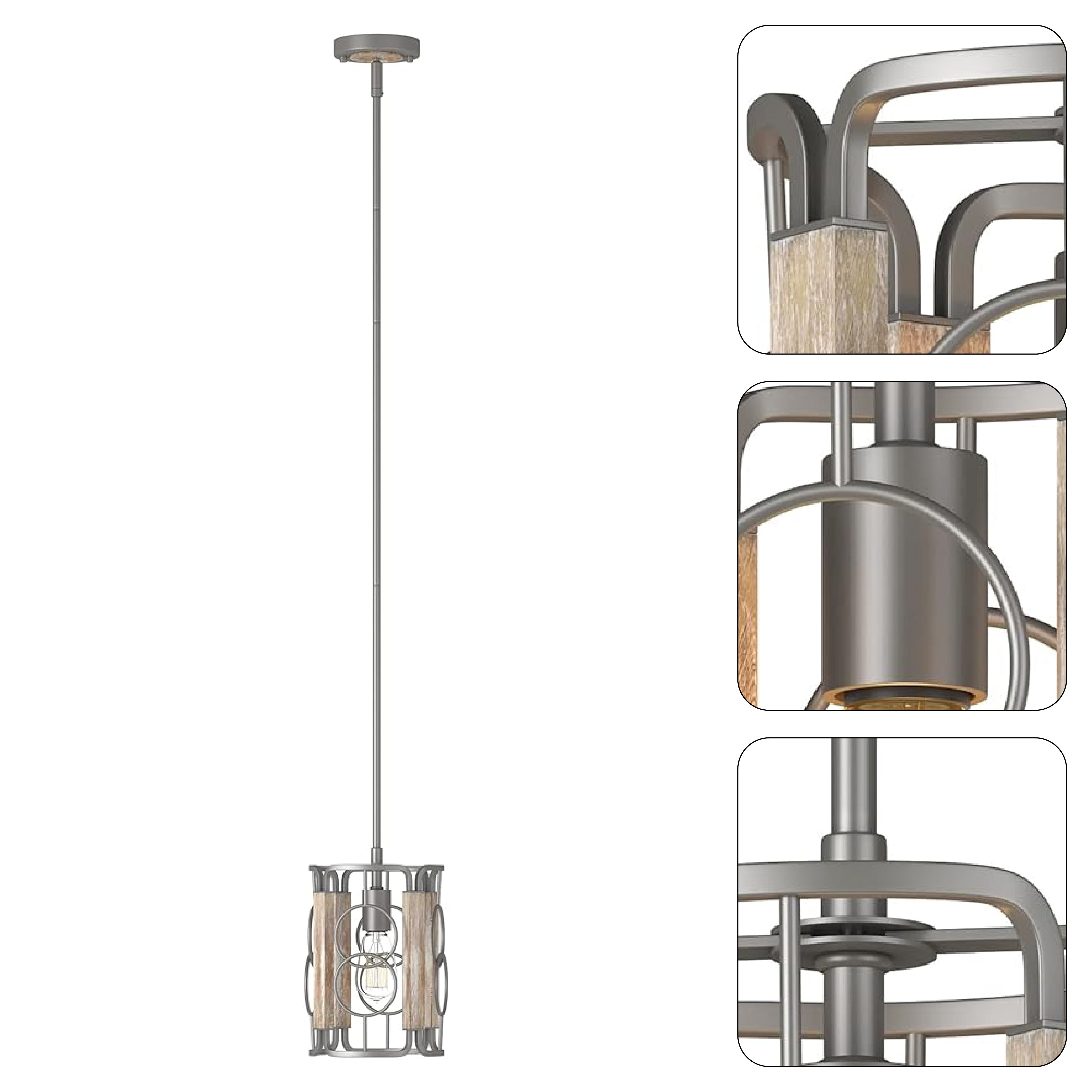 1-Light modern pendant light silver gray hanging lighting wood and Iron island lights