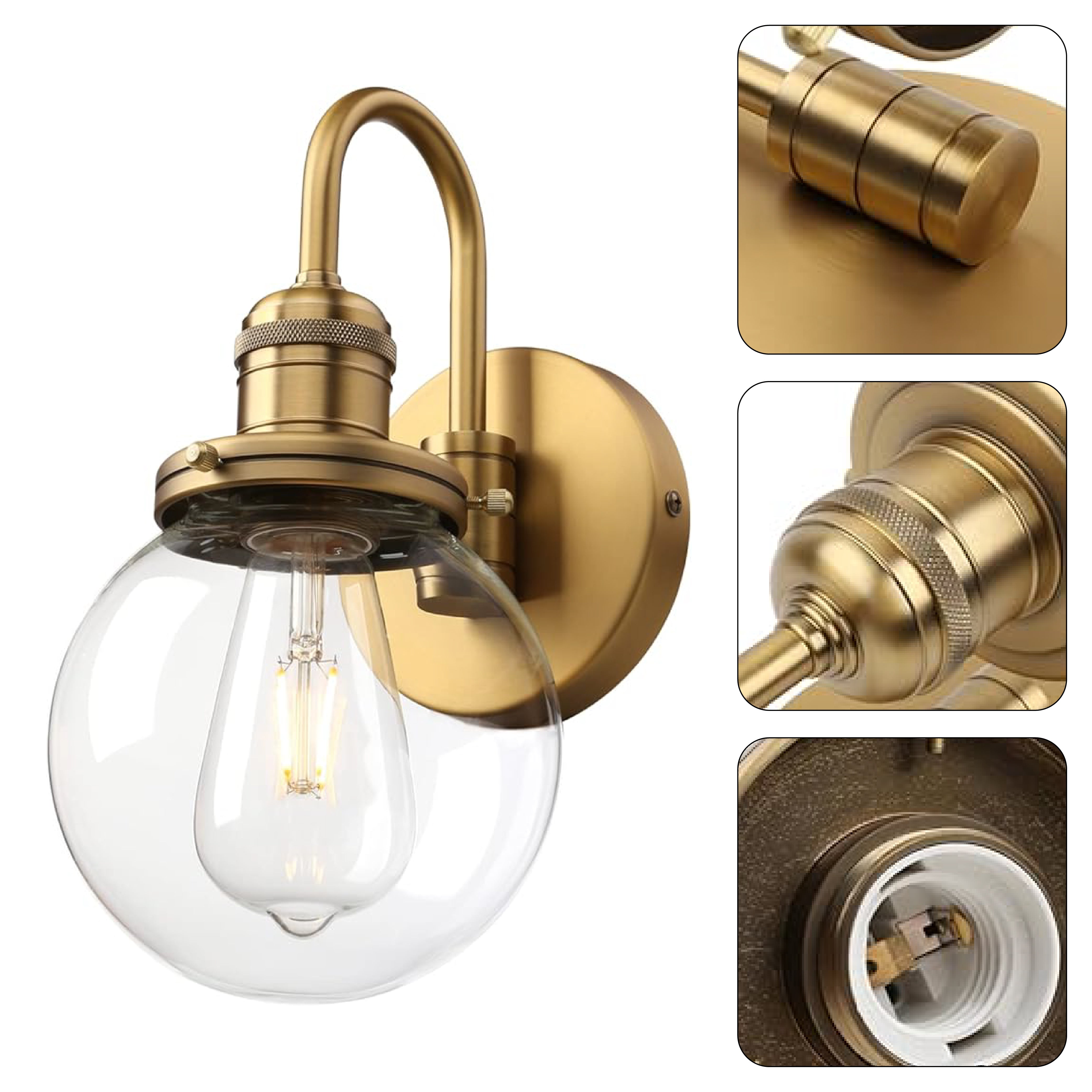 1-Light vintage wall sconce light golden and clear wall mounted light brass and glass fixtures light