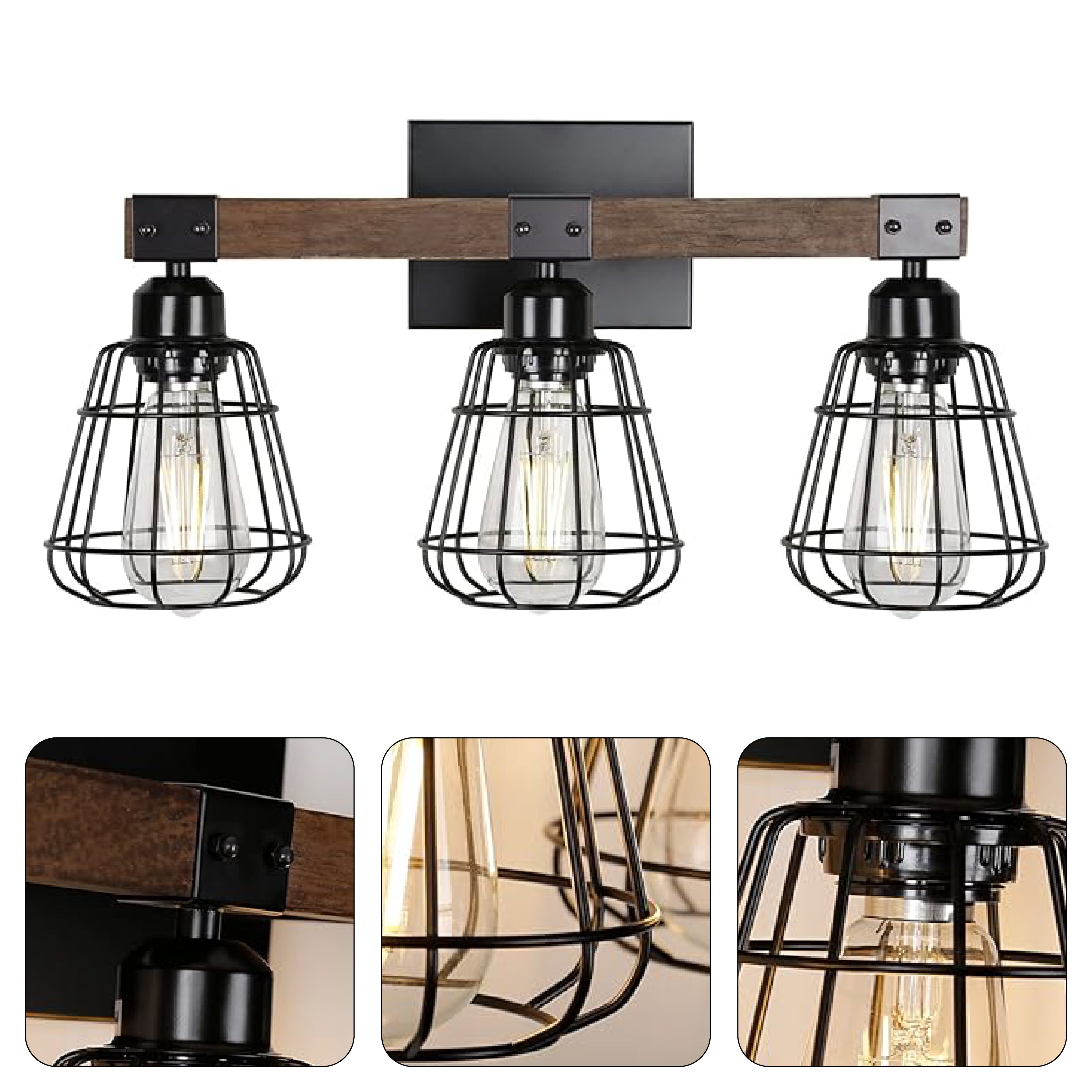 3-Light farmhouse vanity light black and walnut bathroom lighting iron and wood wall light