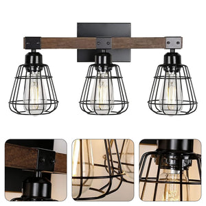 3-Light farmhouse vanity light black and walnut bathroom lighting iron and wood wall light