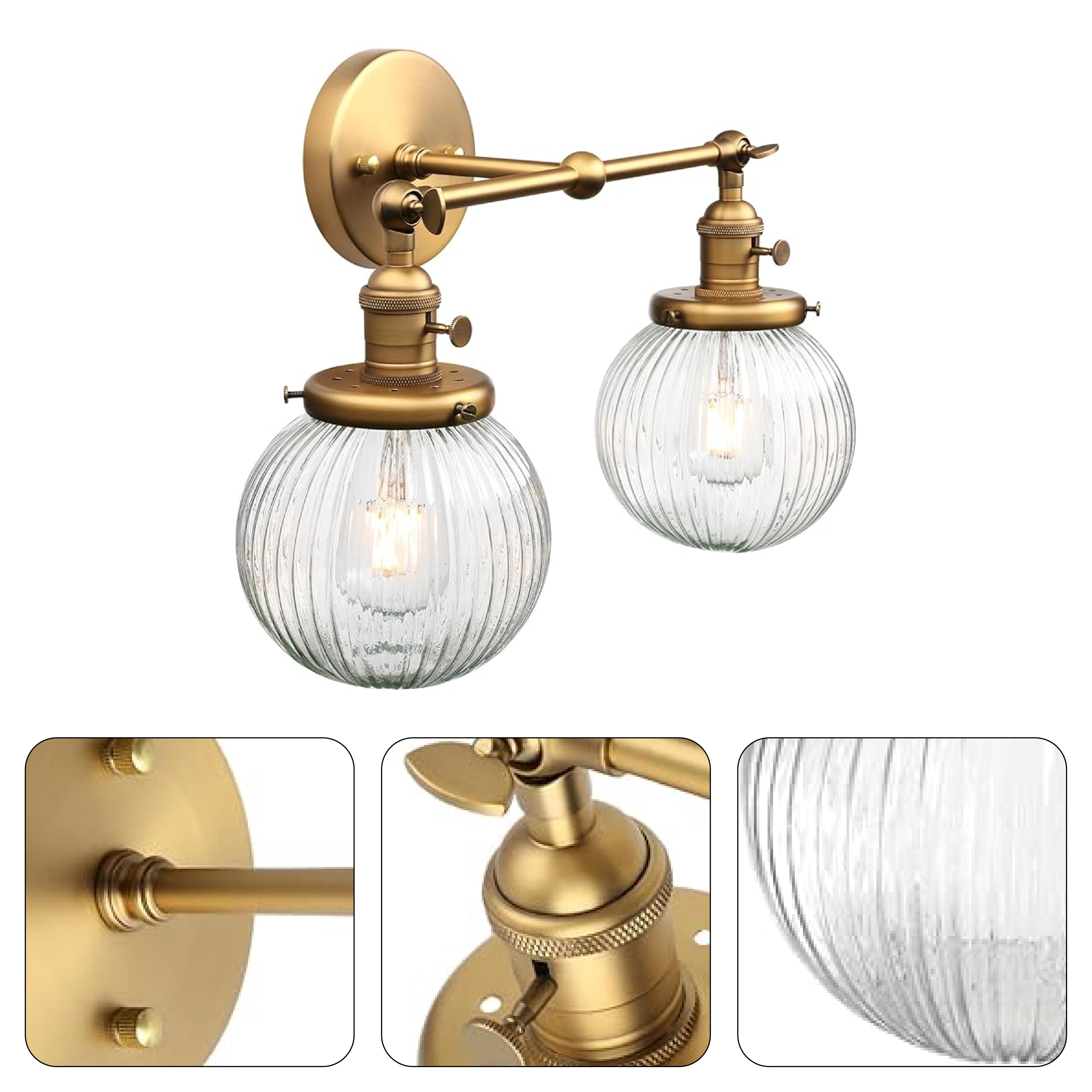 2 Lights industrial sconce light gold and clear wall light brass and glass fixture light