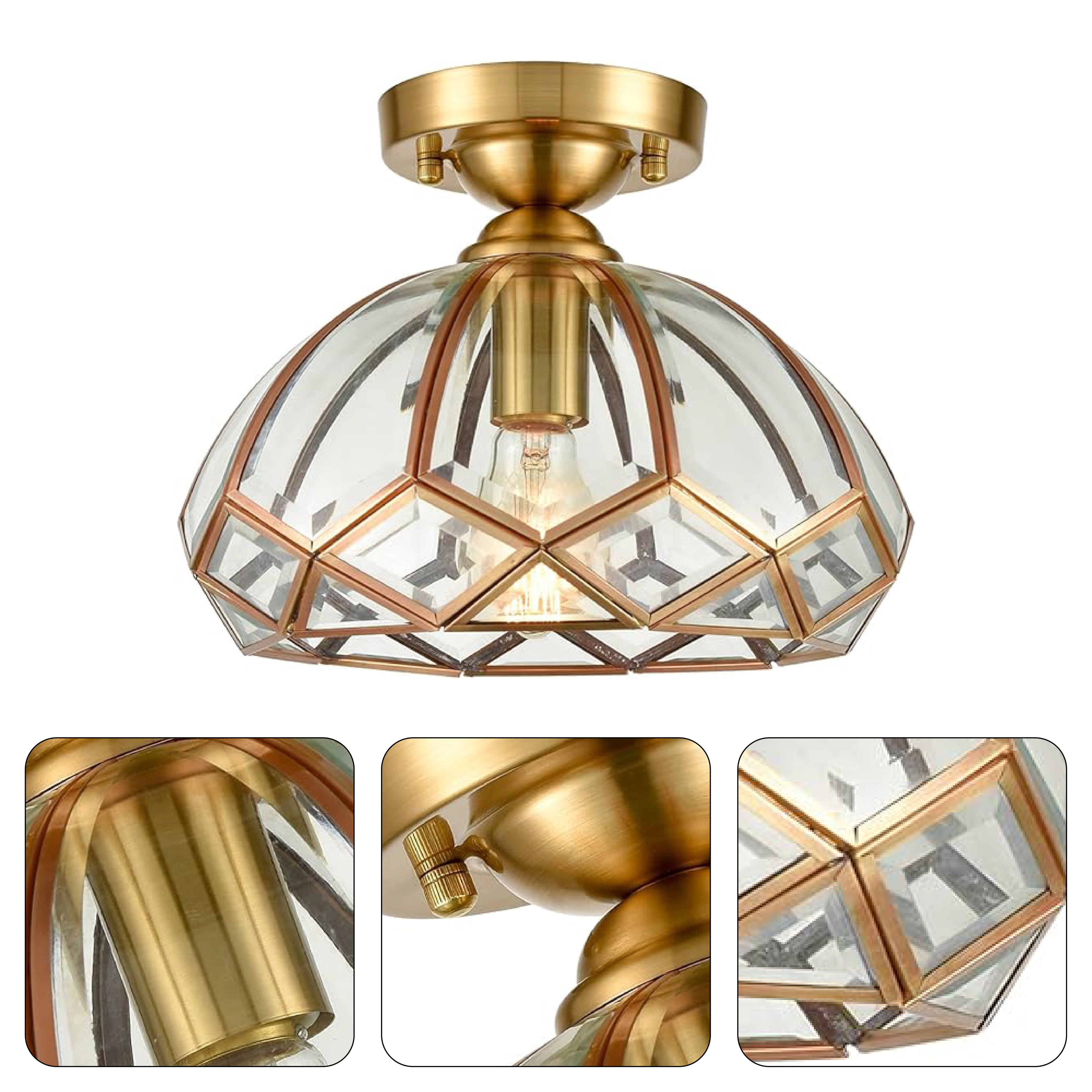 1-Light dimmabl hallway light gold and clear semi flush lamp steel and glass ceiling light