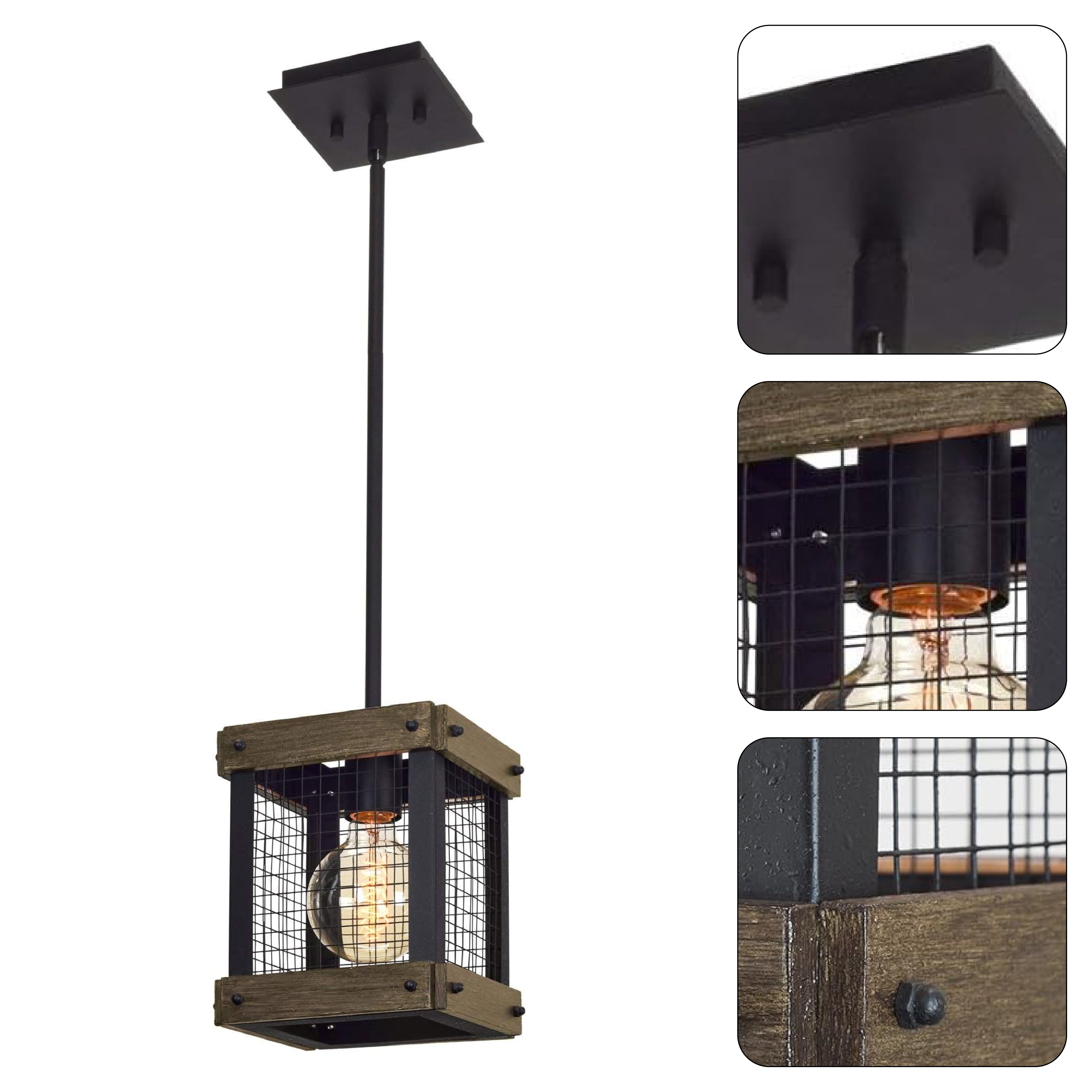 9" Farmhouse hanging light ‎textured black and walnut kitchen light iron and wood pendant light