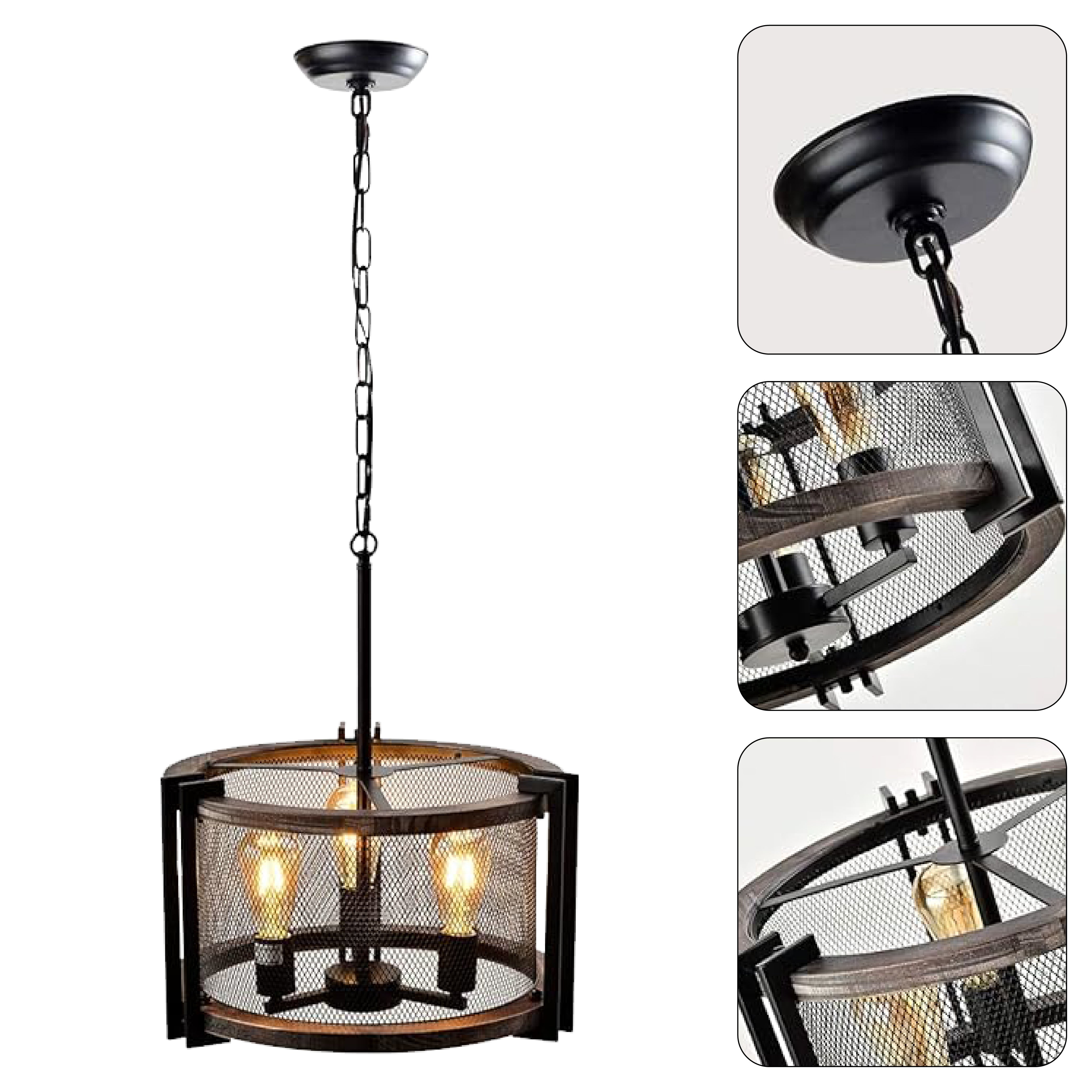 3-Light farmhouse round kitchen light black pendant light iron and wood hanging lighting