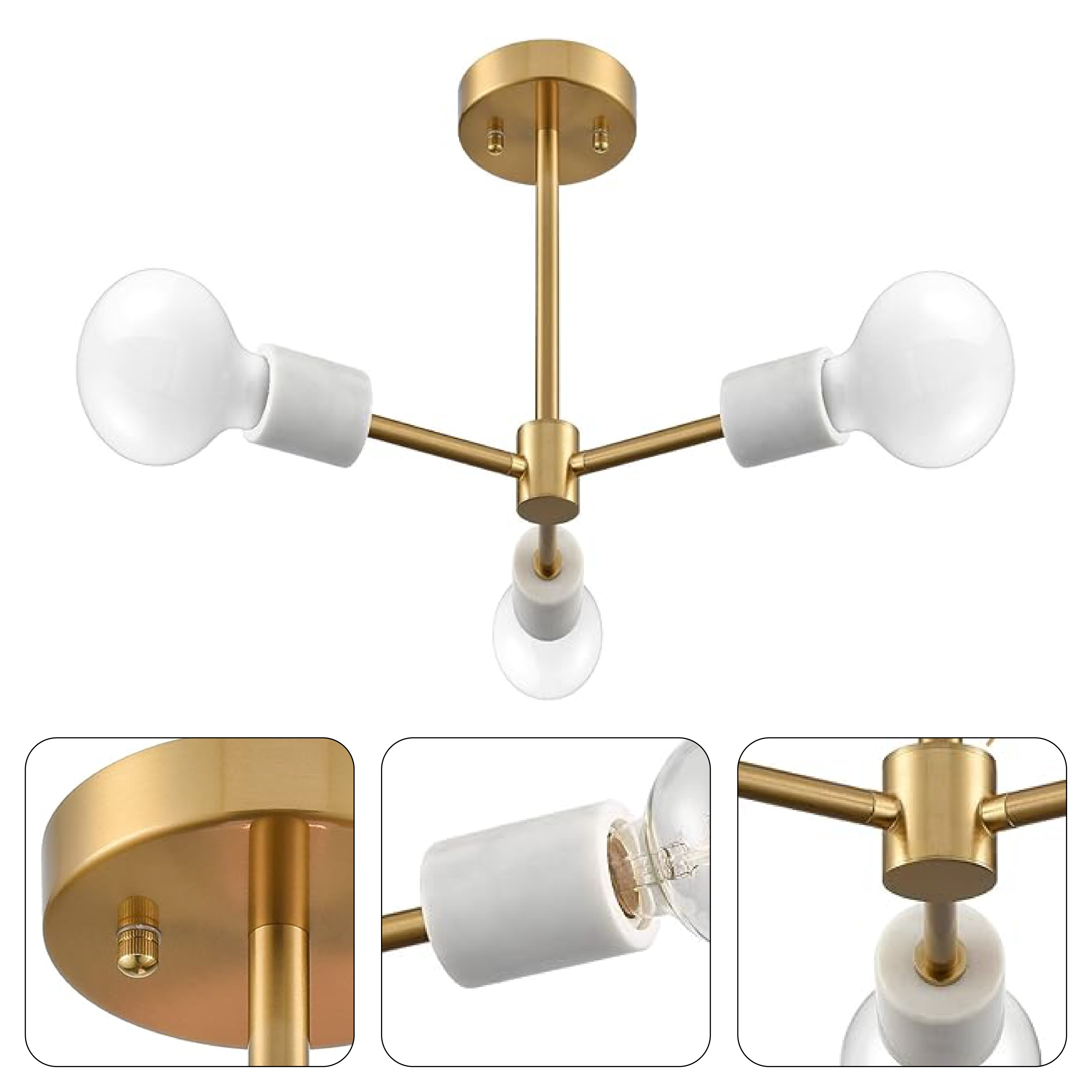 3-Light mid century ceiling lights gold and white ceiling light fixture iron sputnik light